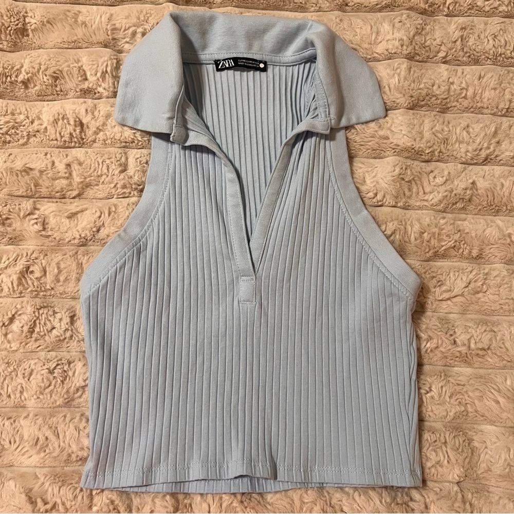 Zara Soft Blue Ribbed Crop Top